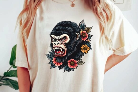 Angry Gorilla Head Traditional Tattoo Style with Floral Accents T-Shirt Design Png