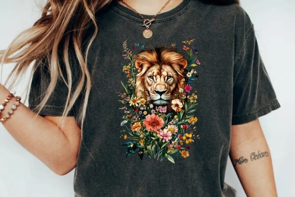 Majestic Lion Head with Colorful Wildflowers and Butterflies: A Botanical Design for Modern Projects