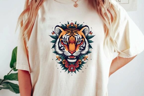 Neo Traditional Tiger Head Floral Tattoo Design for Projects