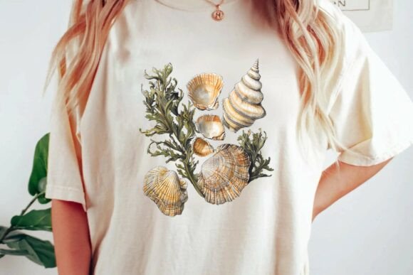 Vintage Coastal Charm: Watercolor Seashell & Seaweed Illustration Design